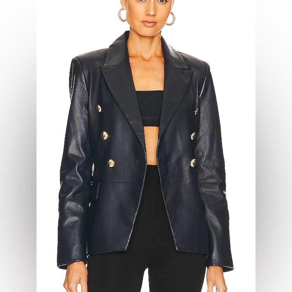 Lamarque GENUINE LAMB LEATHER Dark Navy Catherine Double Breasted Blazer Jacket
